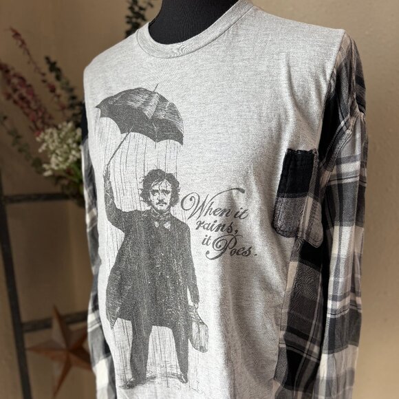 Handmade Tops - Edgar Allen Poe Pun Refashioned Upcycled Reworked Flannel ~S/M See Measurements